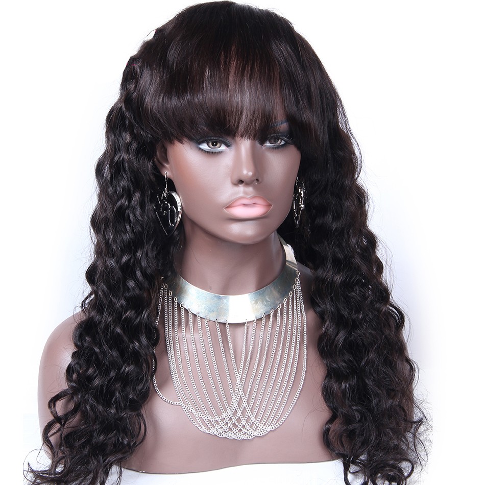 Remy Human Hair Lace Wig Loose Deep Wave With Full Bangs Wigs For