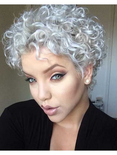 Short Synthetic Hair Curly Grey Wig Without Bangs, Wigs 